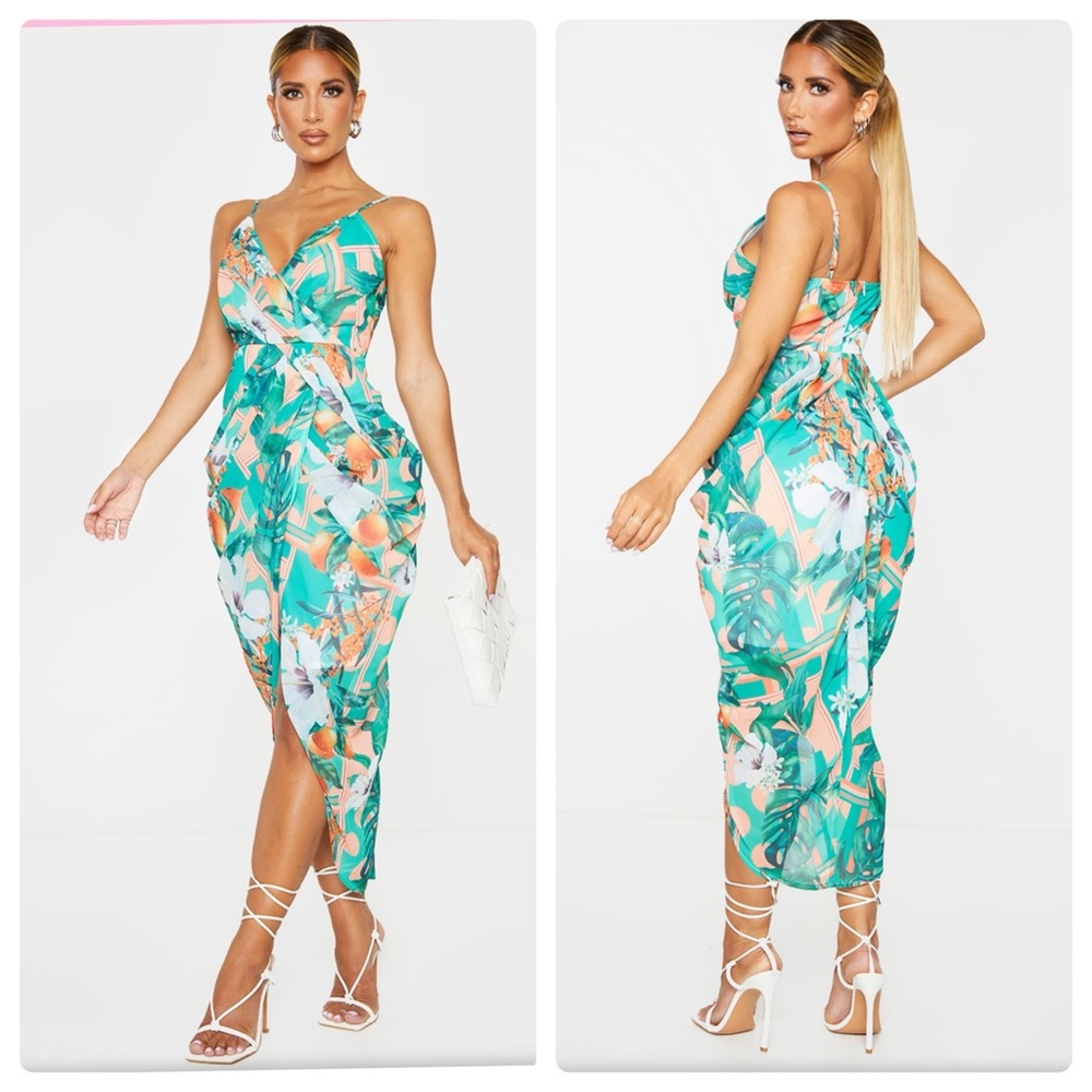 PrettyLittleThing Peach Fruit Print Chiffon Strappy Draped Midi Dress US 12